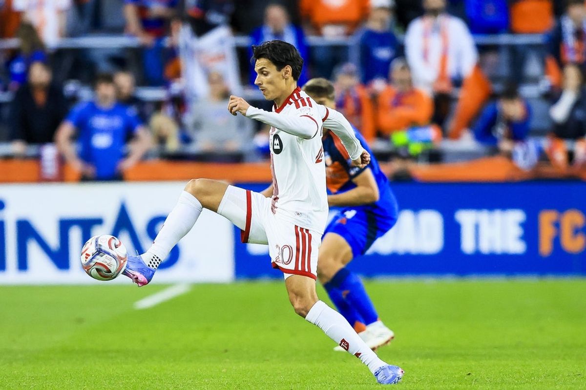 Mar 8, 2026; Cincinnati, Ohio, USA; Toronto FC forward Daniel Salloi (20) controls the ball against FC Cincinnati in the first half at TQL Stadium. Mandatory Credit: Katie Stratman-Imagn Images
