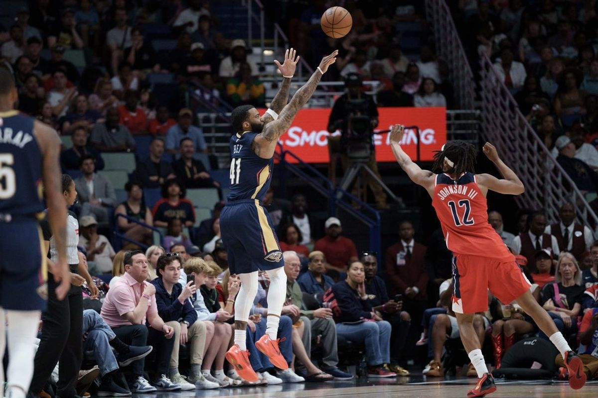 Mar 8, 2026; New Orleans, Louisiana, USA; New Orleans Pelicans guard Saddiq Bey (41) shoots against Washington Wizards guard Tre Johnson (12) during the first half at Smoothie King Center. Mandatory Credit: Matthew Hinton-Imagn Images