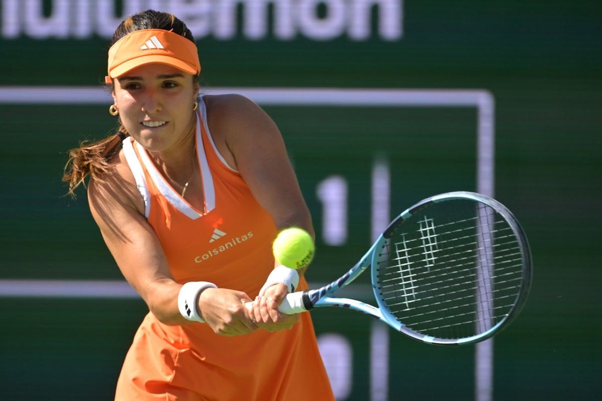 Mar 8, 2026; Indian Wells, CA, USA; Camila Osorio (COL) hits a shot during her third round match against Naomi Osaka (JPN) in the BNP Paribas Open at the Indian Wells Tennis Garden. Mandatory Credit: Jayne Kamin-Oncea-Imagn Images