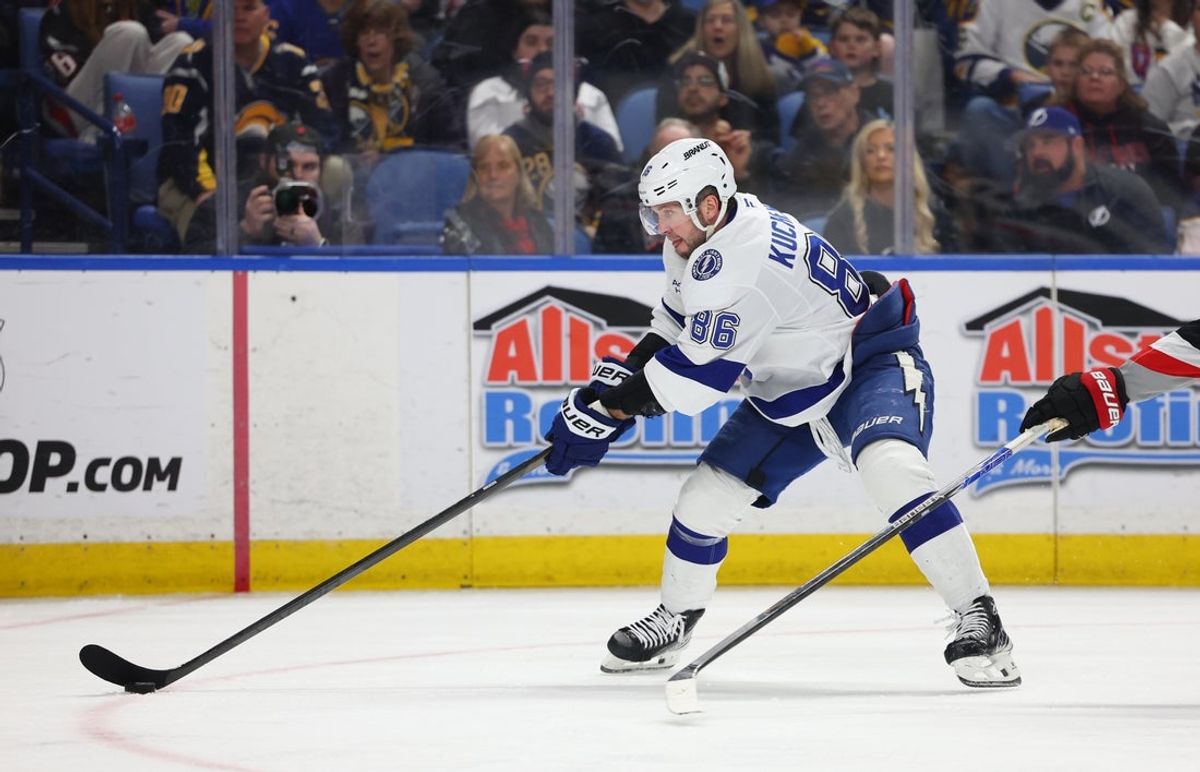 Mar 8, 2026; Buffalo, New York, USA;  Tampa Bay Lightning right wing Nikita Kucherov (86) looks to control the puck during the third period against the Buffalo Sabres at KeyBank Center. Mandatory Credit: Timothy T. Ludwig-Imagn Images