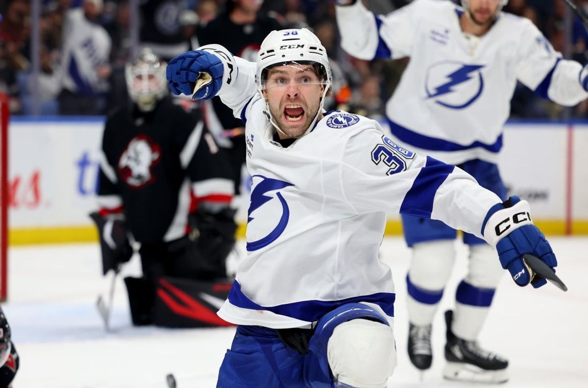 Mar 8, 2026; Buffalo, New York, USA;  Tampa Bay Lightning left wing Brandon Hagel (38) reacts after scoring a goal during the third period against the Buffalo Sabres at KeyBank Center. Mandatory Credit: Timothy T. Ludwig-Imagn Images