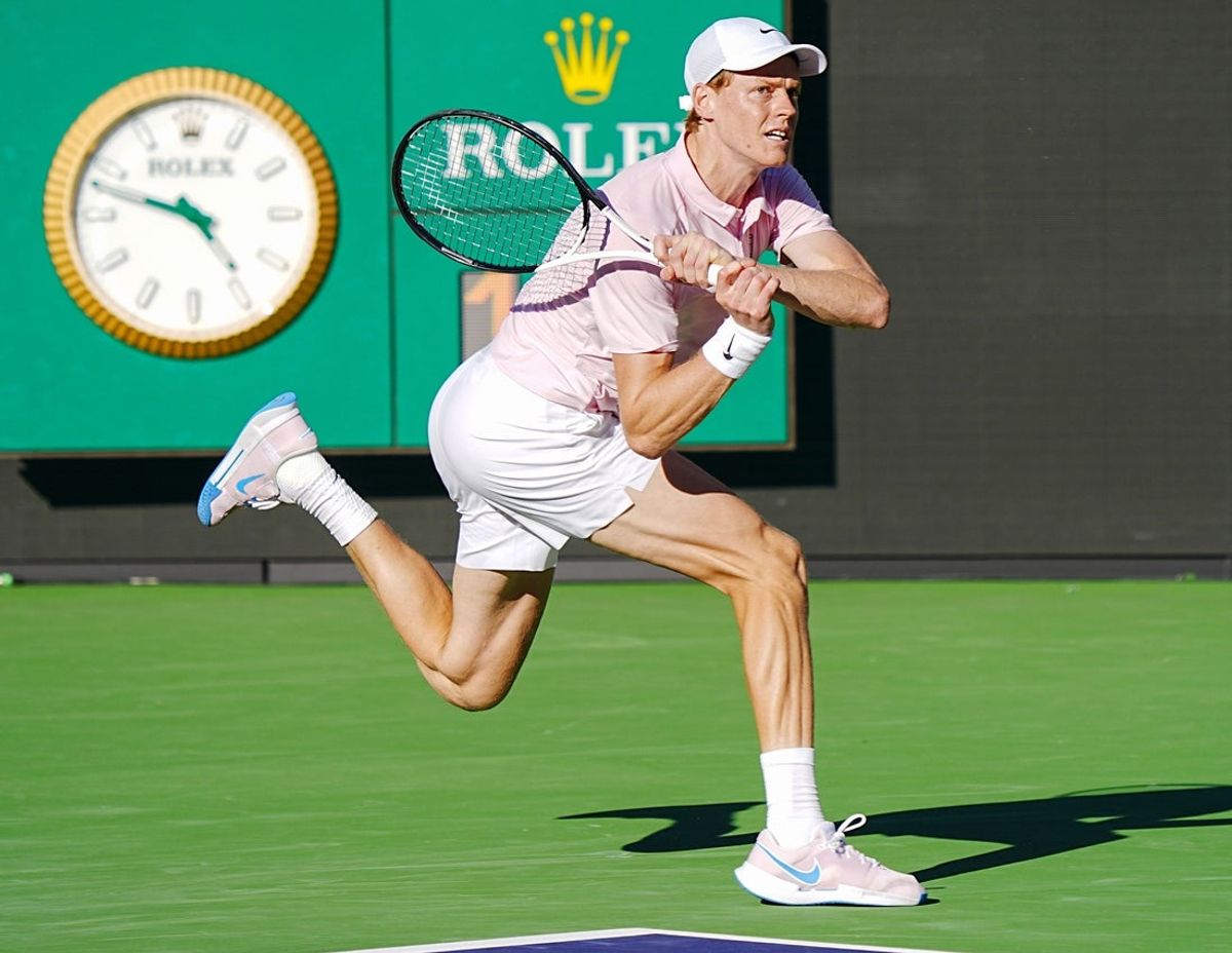 Jannik Sinner follows through in his win over Denis Shapovalov during their round 3 match at the BNP Paribas Open in Indian Wells, Calif., March 8, 2026.