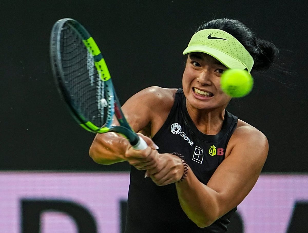 Alexandra Eala hits to Coco Gauff during their third-round match at the BNP Paribas Open in Indian Wells, Calif., Sunday, March 8, 2026.