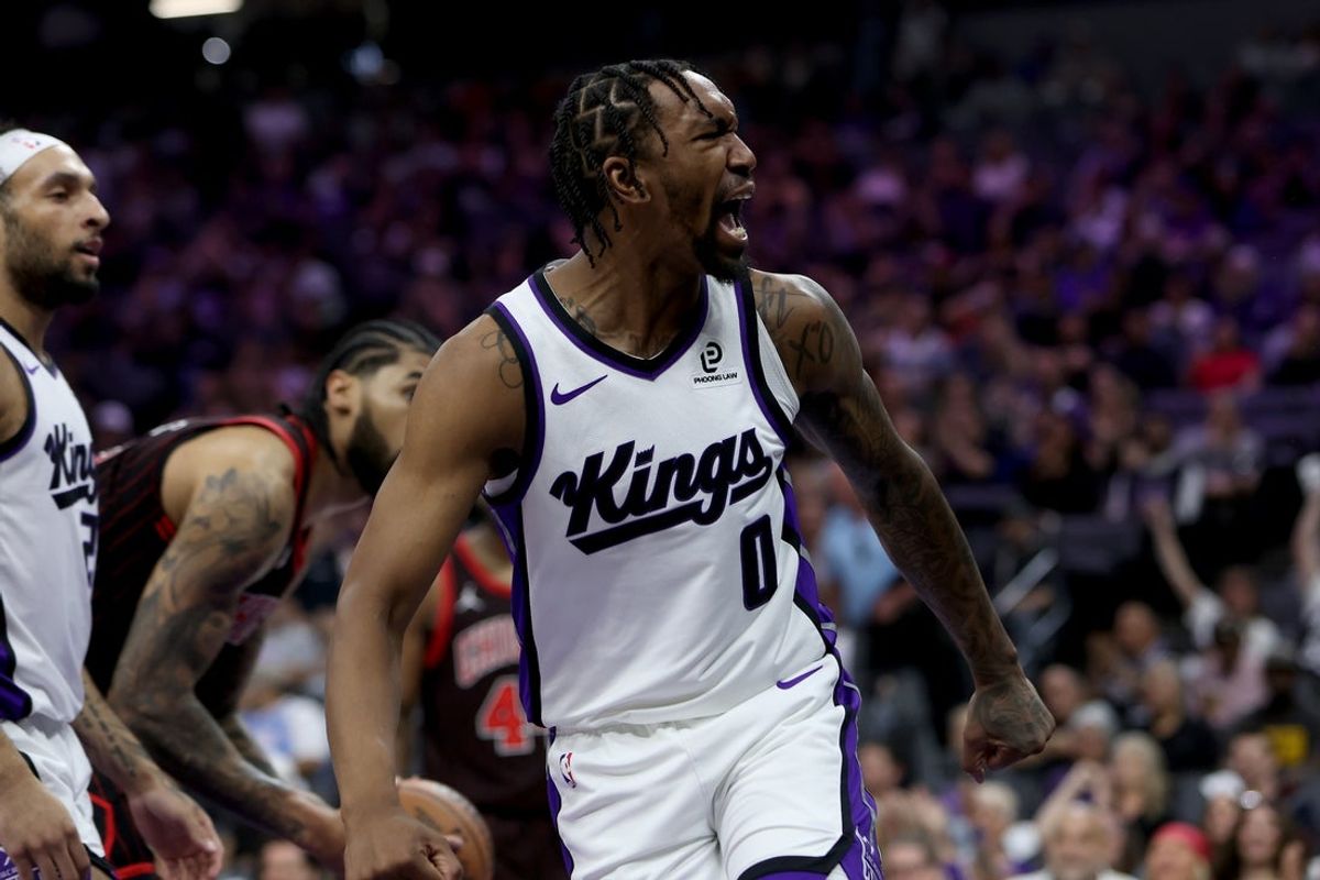 Mar 8, 2026; Sacramento, California, USA; Sacramento Kings guard Malik Monk (0) reacts after dunking the ball against the Chicago Bulls during the first quarter at Golden 1 Center. Mandatory Credit: Dennis Lee-Imagn Images