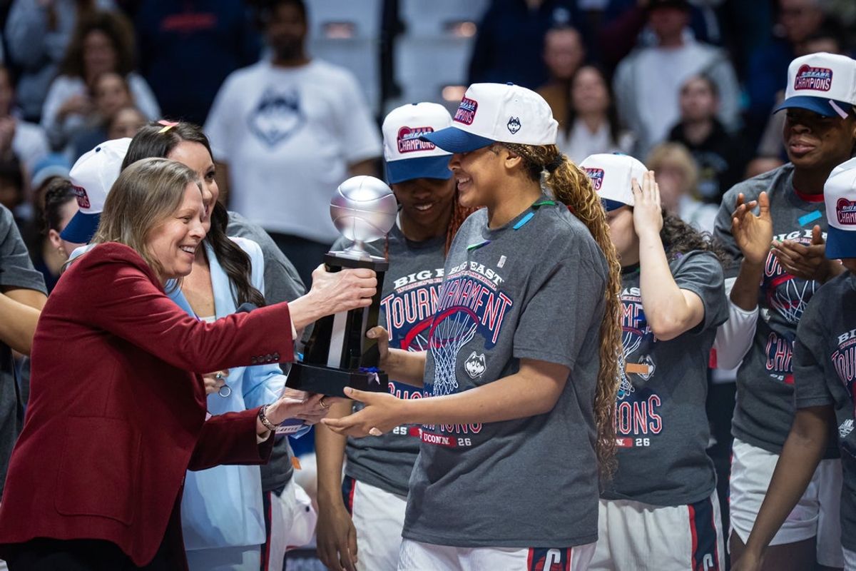 Mar 9, 2026; Uncasville, CT, USA; UConn Huskies forward Sarah Strong (21) named player of the year as they celebrate their Big East Championship win over the Villanova Wildcats at Mohegan Sun Arena. Mandatory Credit: David Butler II-Imagn Images