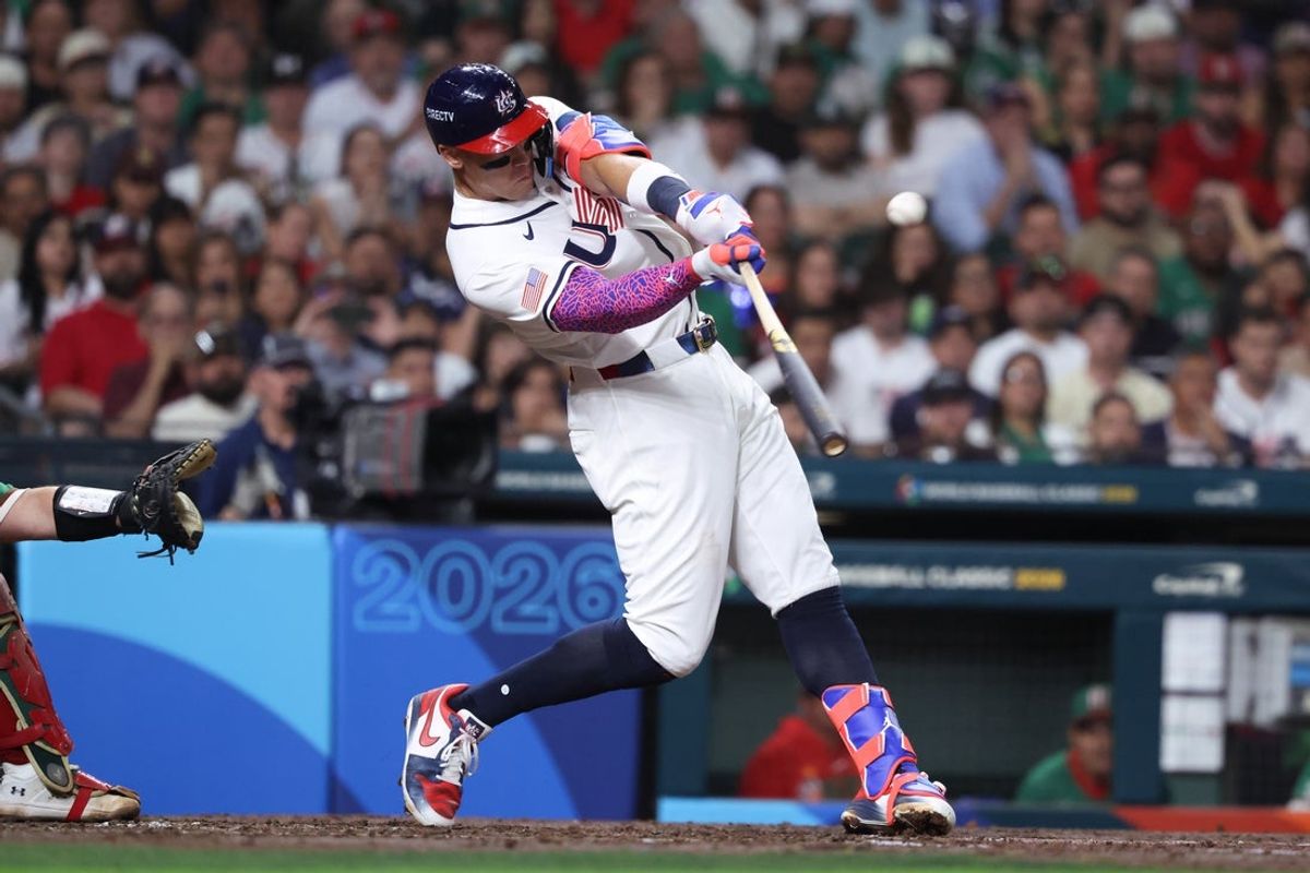 Mar 9, 2026; Houston, TX, United States; United States outfielder Aaron Judge (99) hits a two run home run in the third inning against Mexico at Daikin Park. Mandatory Credit: Troy Taormina-Imagn Images
