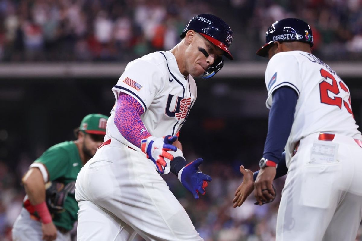 Mar 9, 2026; Houston, TX, United States; United States outfielder Aaron Judge (99) celebrates a home run in the third inning against Mexico at Daikin Park. Mandatory Credit: Troy Taormina-Imagn Images
