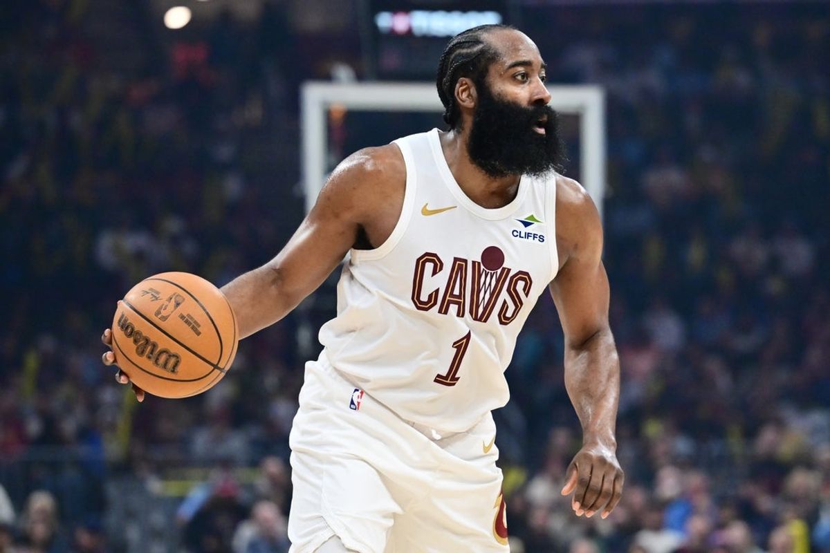 Mar 9, 2026; Cleveland, Ohio, USA; Cleveland Cavaliers guard James Harden (1) brings the ball up court against the Philadelphia 76ers during the second half at Rocket Arena. Mandatory Credit: Ken Blaze-Imagn Images