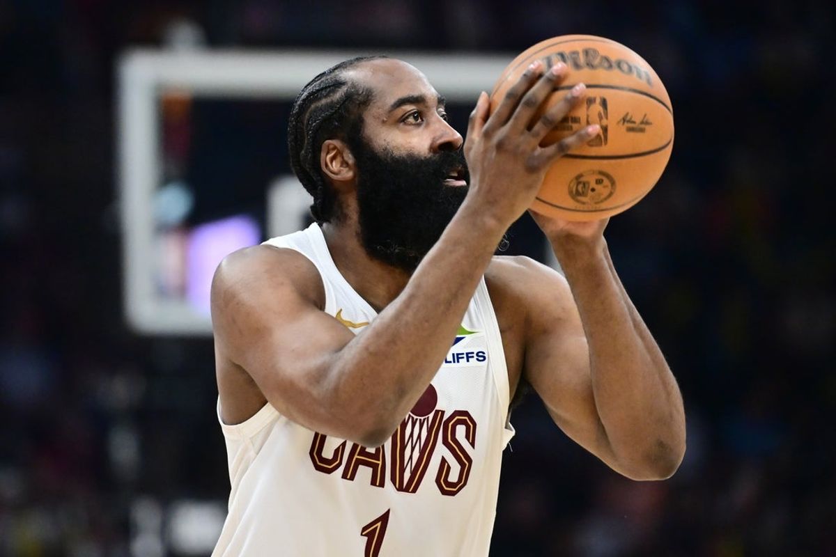 Mar 9, 2026; Cleveland, Ohio, USA; Cleveland Cavaliers guard James Harden (1) shoots against the Philadelphia 76ers during the second half at Rocket Arena. Mandatory Credit: Ken Blaze-Imagn Images
