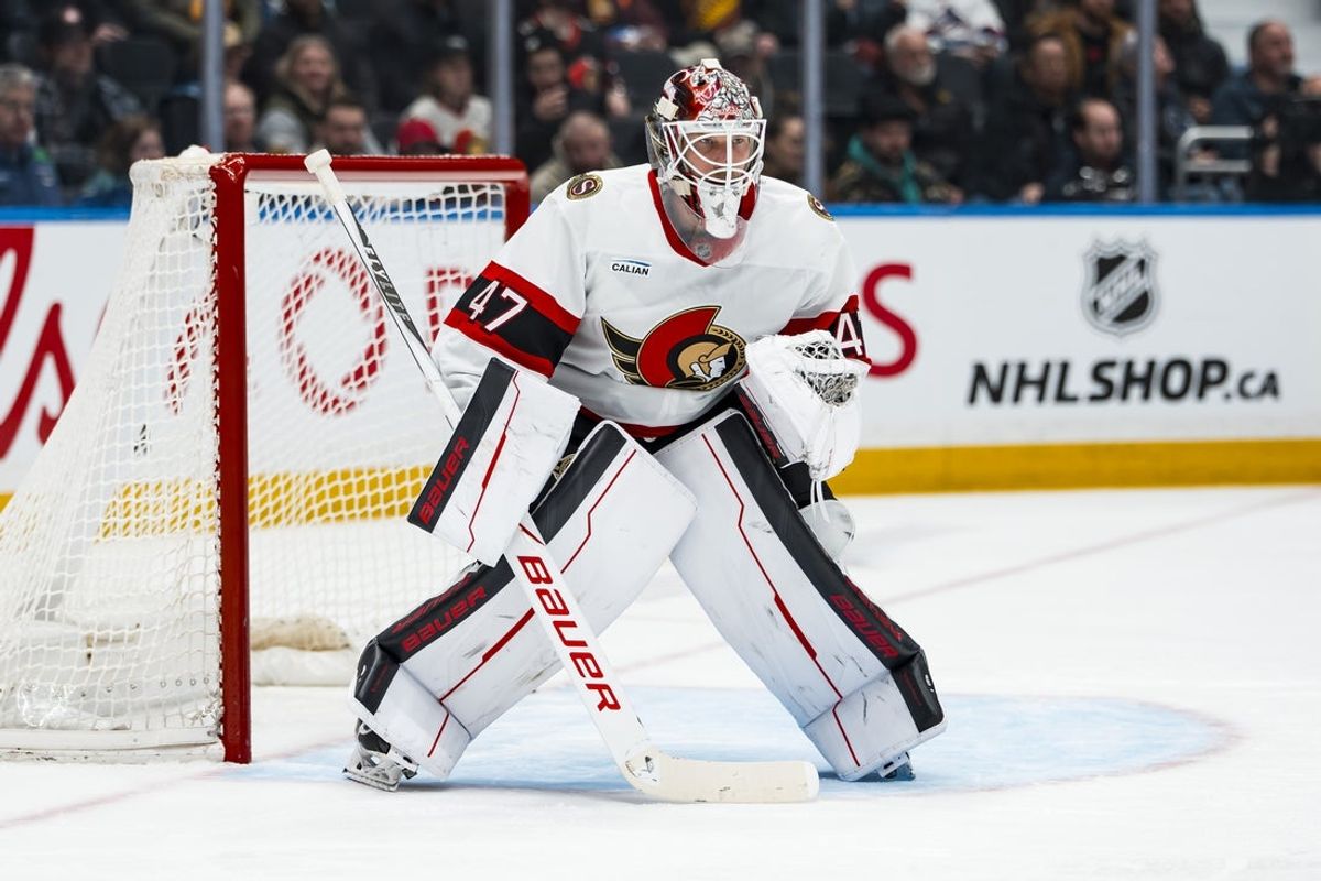 Mar 9, 2026; Vancouver, British Columbia, CAN; Ottawa Senators goalie James Reimer (47) in the net against the Vancouver Canucks in the second period at Rogers Arena. Mandatory Credit: Bob Frid-Imagn Images