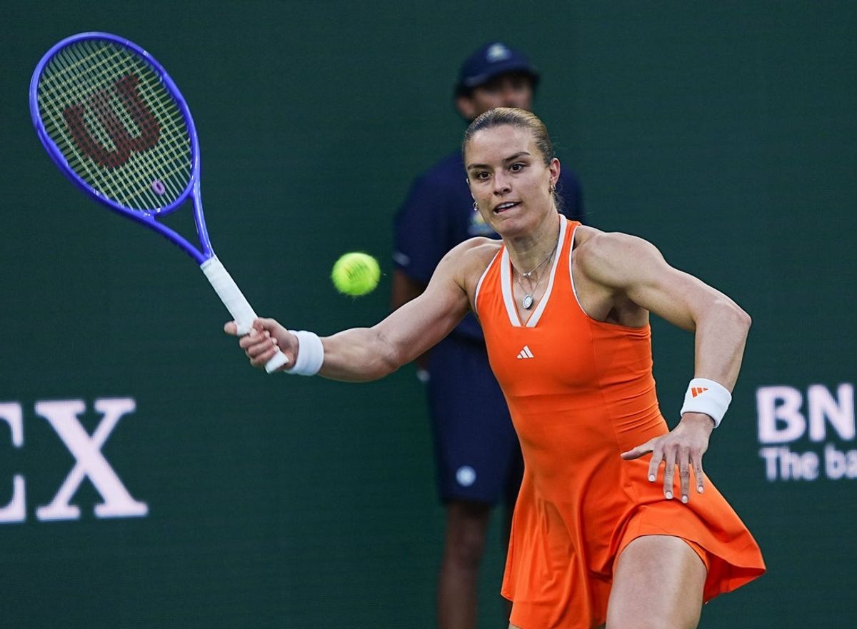 Maria Sakkari hits during her loss to Iga Swiatek in round 3 of the women’s singles at the BNP Paribas Open in Indian Wells, Calif., March 9, 2026.
