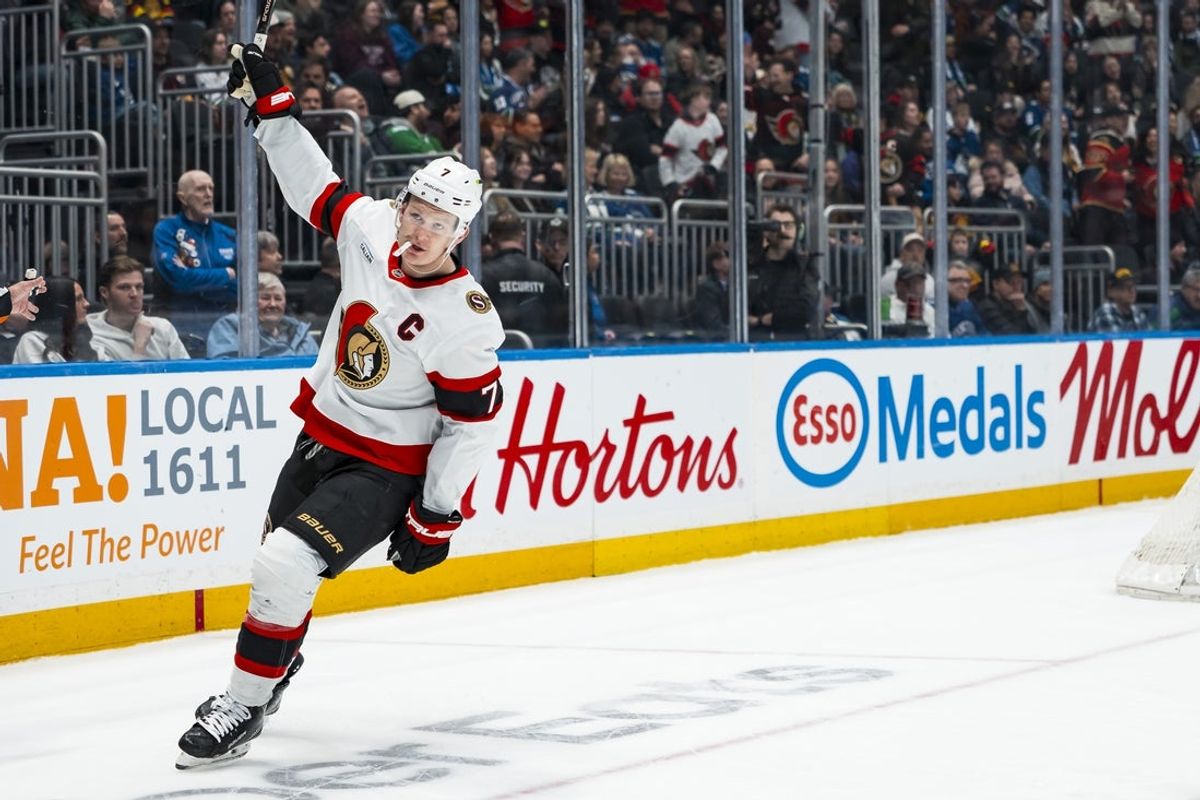 Mar 9, 2026; Vancouver, British Columbia, CAN; Ottawa Senators forward Brady Tkachuk (7) celebrates his goal against the Vancouver Canucks in the third period at Rogers Arena. Mandatory Credit: Bob Frid-Imagn Images