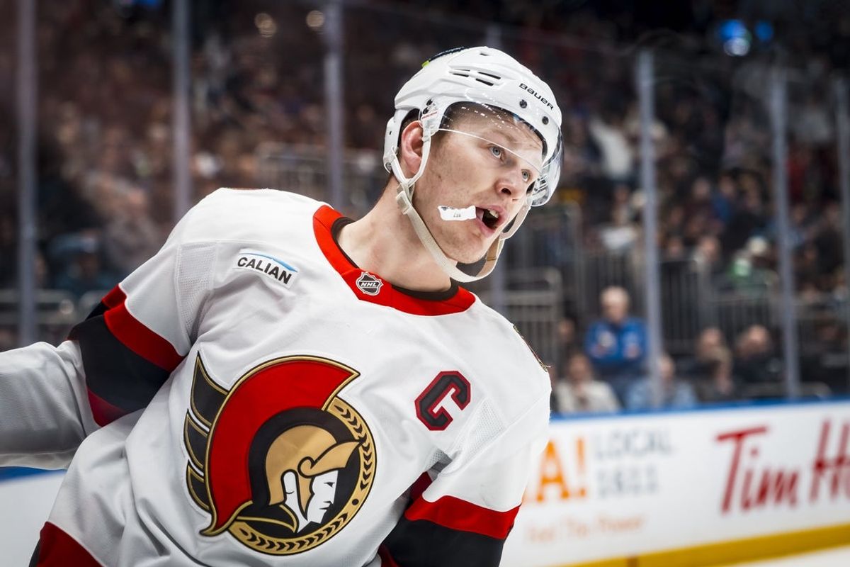 Mar 9, 2026; Vancouver, British Columbia, CAN; Ottawa Senators forward Brady Tkachuk (7) celebrates his goal against the Vancouver Canucks in the third period at Rogers Arena. Mandatory Credit: Bob Frid-Imagn Images