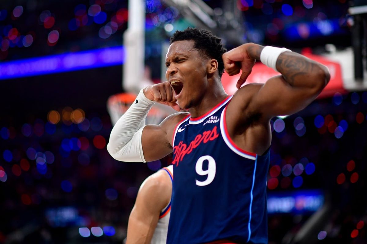 Mar 9, 2026; Inglewood, California, USA; Los Angeles Clippers guard Bennedict Mathurin (9) reacts after scoring a basket and drawing the foul against the New York Knicks during the second half at Intuit Dome. Mandatory Credit: Gary A. Vasquez-Imagn Images