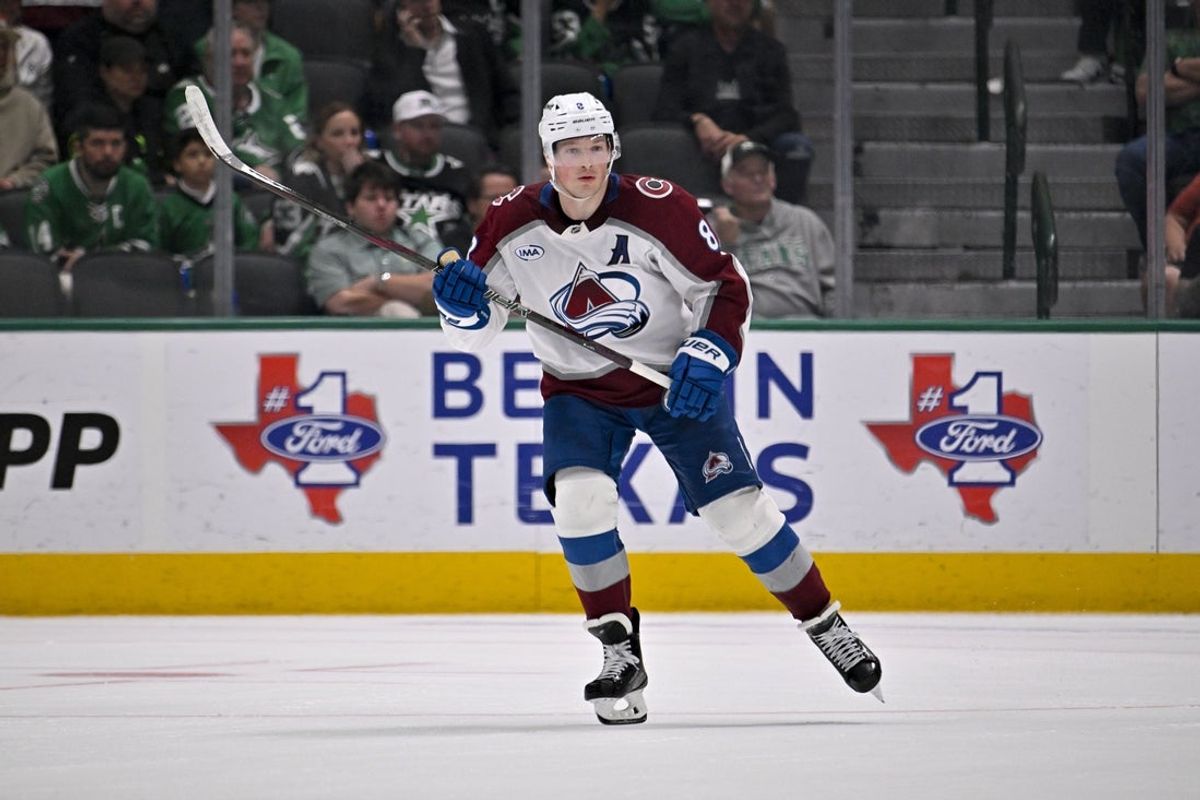 Mar 6, 2026; Dallas, Texas, USA; Colorado Avalanche defenseman Cale Makar (8) skates against the Dallas Stars during the game between the Stars and the Avalanche at American Airlines Center. Mandatory Credit: Jerome Miron-Imagn Images