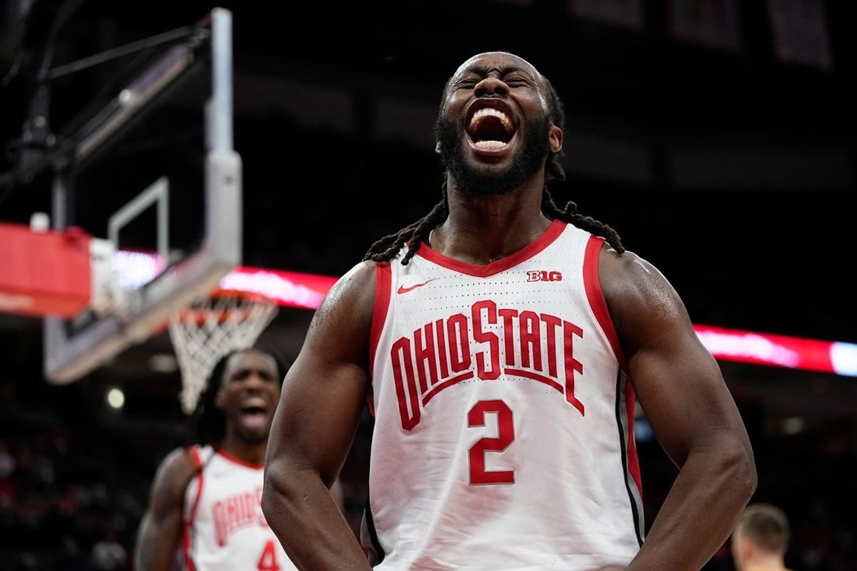 Ohio State Buckeyes guard Bruce Thornton (2) reacts to a made shot and foul call during the second half of the NCAA men's basketball game against the Iowa Hawkeyes at Value City Arena on Jan. 27, 2025. Ohio State won 82-65.