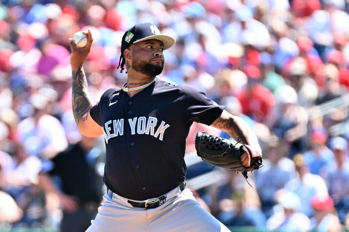 Mar 10, 2026; Clearwater, Florida, USA; New York Yankees starting pitcher Elmer Rodriguez (76) throws in the first inning against the Philadelphia Phillies during spring training at BayCare Ballpark. Mandatory Credit: Jonathan Dyer-Imagn Images