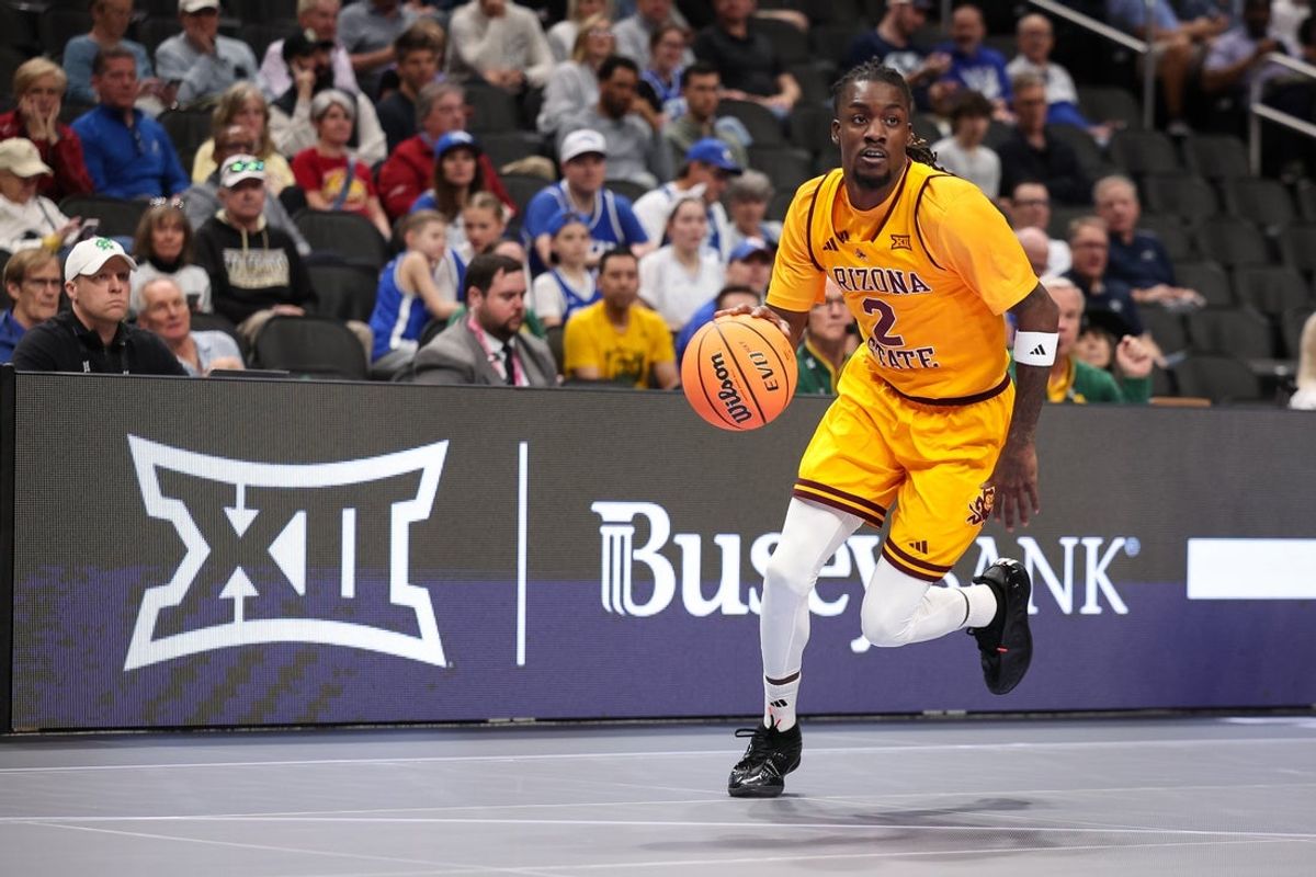Mar 10, 2026; Kansas City, MO, USA; Arizona State Sun Devils guard Anthony Johnson (2) dribbles during the first half against the Baylor Bears at T-Mobile Center. Mandatory Credit: William Purnell-Imagn Images