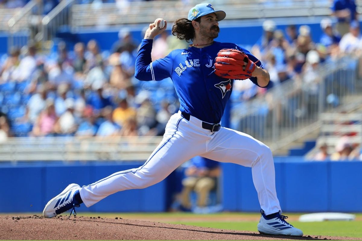 Mar 10, 2026; Dunedin, Florida, USA;  Toronto Blue Jays starting pitcher Dylan Cease (84) throws during the first inning against the Atlanta Braves at TD Ballpark. Mandatory Credit: Kim Klement Neitzel-Imagn Images