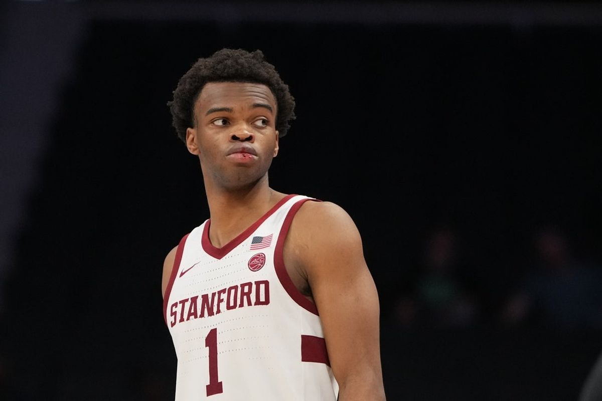 Mar 10, 2026; Charlotte, NC, USA; Stanford Cardinal guard Ebuka Okorie (1) on the court in the second half at Spectrum Center. Mandatory Credit: Bob Donnan-Imagn Images