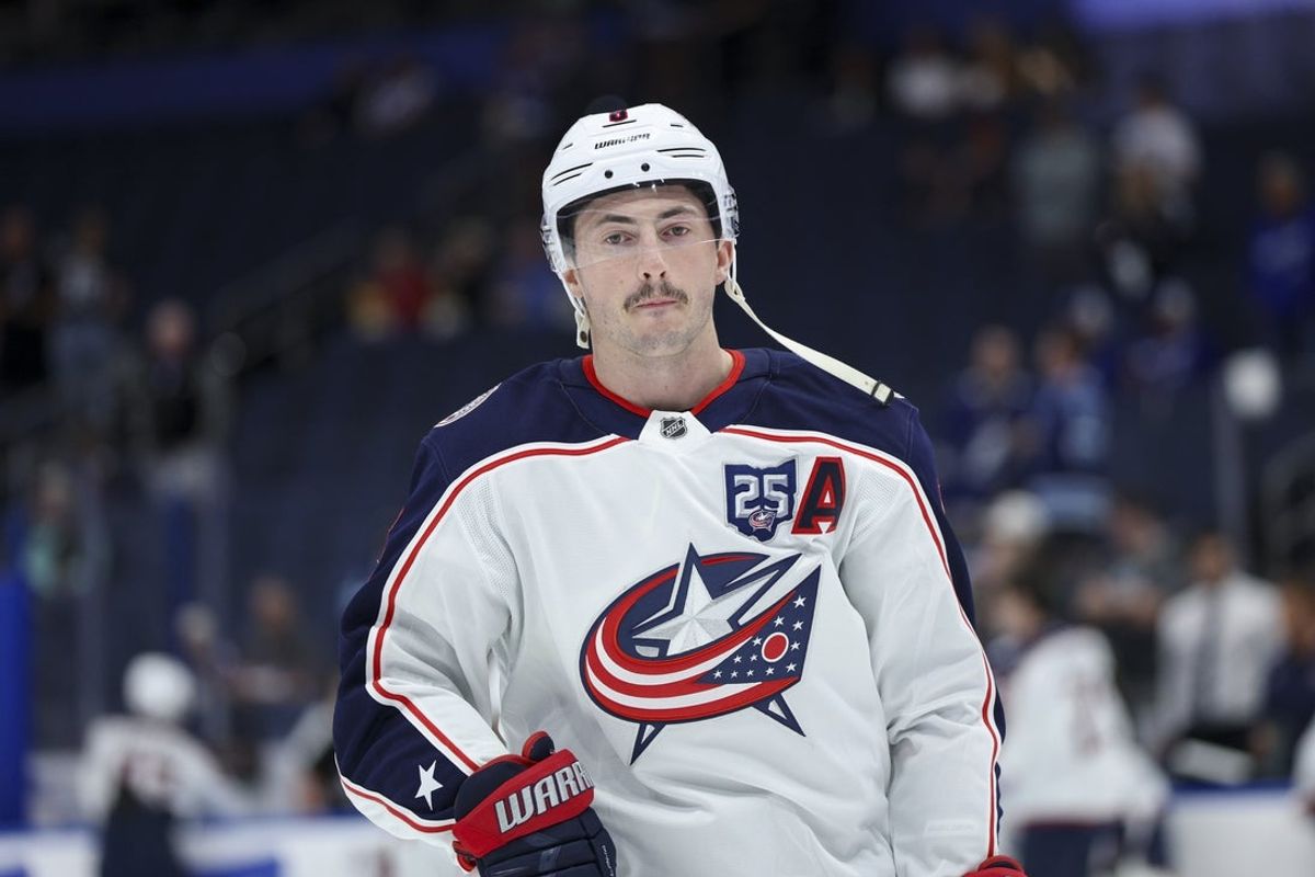 Mar 10, 2026; Tampa, Florida, USA; Columbus Blue Jackets defenseman Zach Werenski (8) warms up before a game against the before a game against the Tampa Bay Lightning at Benchmark International Arena. Mandatory Credit: Nathan Ray Seebeck-Imagn Images
