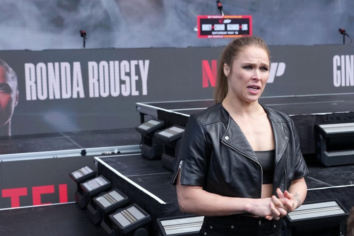 Mar 10, 2026; Inglewood, California, United States; Ronda Rousey speaks at press conference for upcoming MMA featherweight bout at Intuit Dome. Mandatory Credit: Kirby Lee-Imagn Images