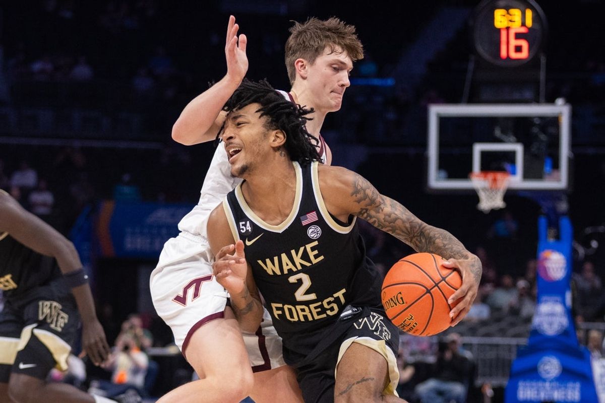 March 10, 2026: Wake Forest Demon Deacons forward Juke Harris (2) drives into Virginia Tech Hokies guard Neoklis Avdalas (17) during the first half of the 2025 ACC Men's Baskeetball Championship at Spectrum Center in Charlotte, NC. (Scott Kinser)