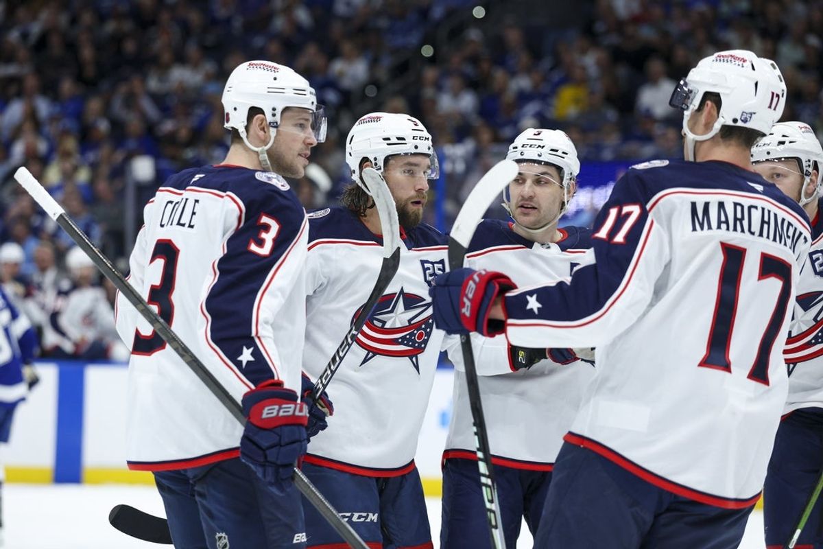 Mar 10, 2026; Tampa, Florida, USA; Columbus Blue Jackets defenseman Ivan Provorov (9) reacts after scoring a goal against the Tampa Bay Lightning in the second period at Benchmark International Arena. Mandatory Credit: Nathan Ray Seebeck-Imagn Images