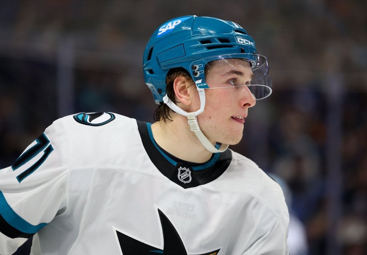 Mar 10, 2026; Buffalo, New York, USA;  San Jose Sharks center Macklin Celebrini (71) before the start of the second period against the Buffalo Sabres at KeyBank Center. Mandatory Credit: Timothy T. Ludwig-Imagn Images