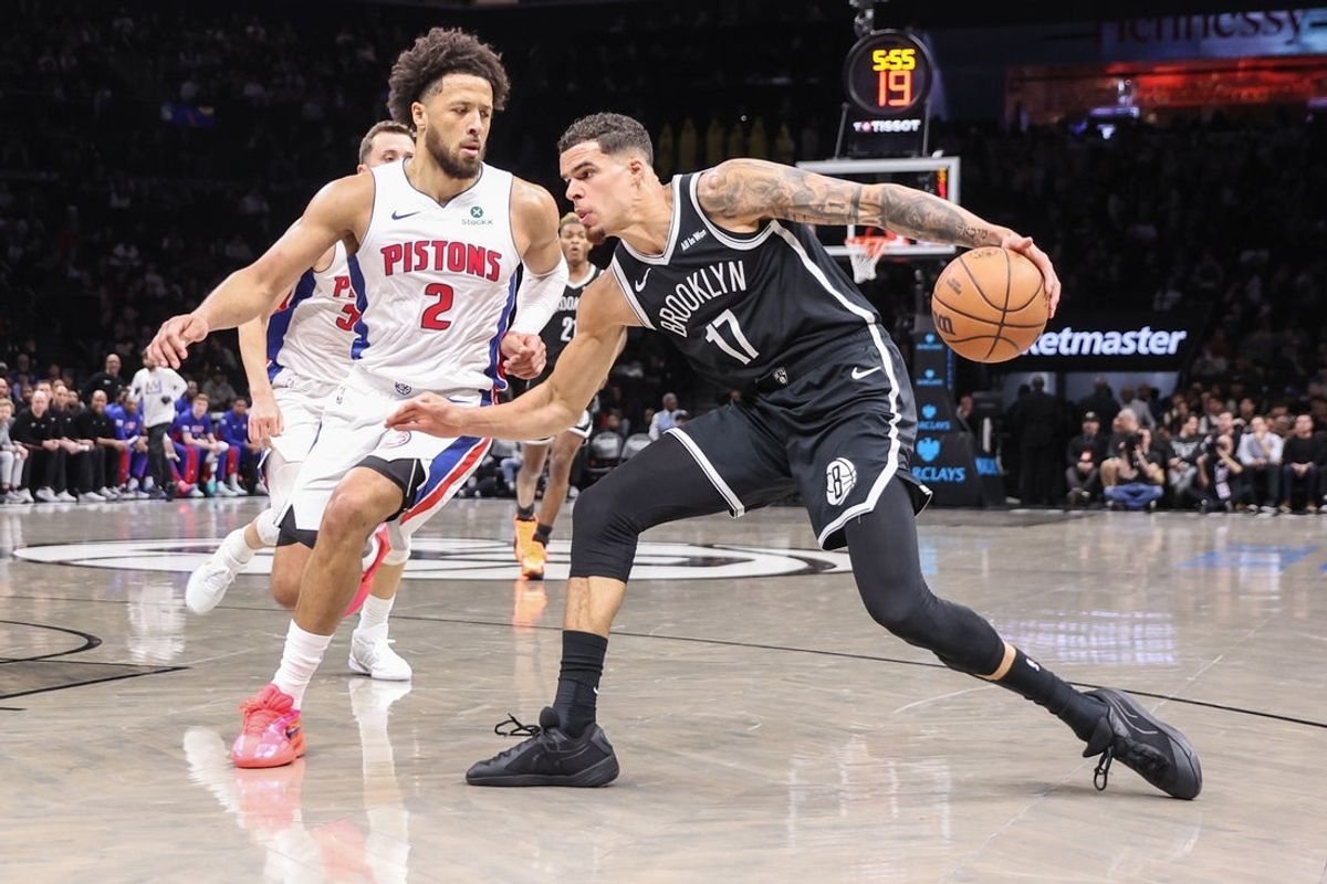 Mar 10, 2026; Brooklyn, New York, USA;  Brooklyn Nets forward Michael Porter Jr. (17) looks to drive past Detroit Pistons guard Cade Cunningham (2) in the first quarter at Barclays Center. Mandatory Credit: Wendell Cruz-Imagn Images