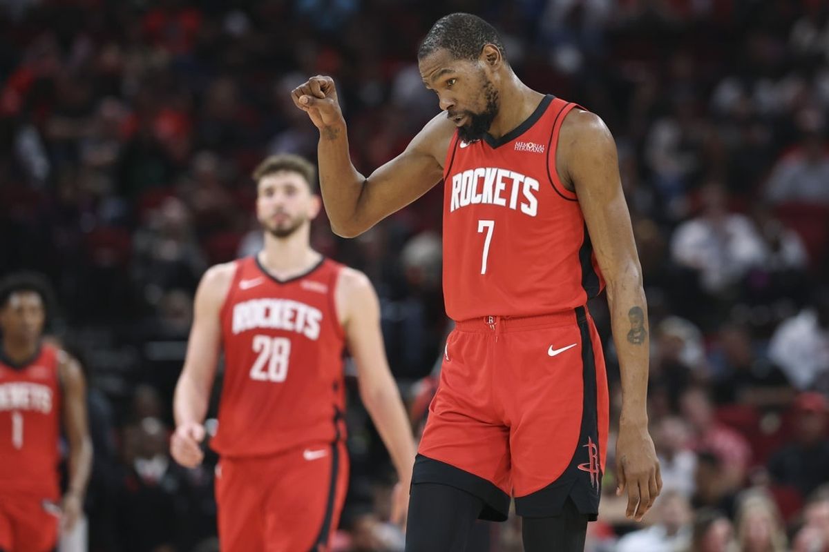 Mar 10, 2026; Houston, Texas, USA; Houston Rockets forward Kevin Durant (7) reacts after a play during the second quarter against the Toronto Raptors at Toyota Center. Mandatory Credit: Troy Taormina-Imagn Images