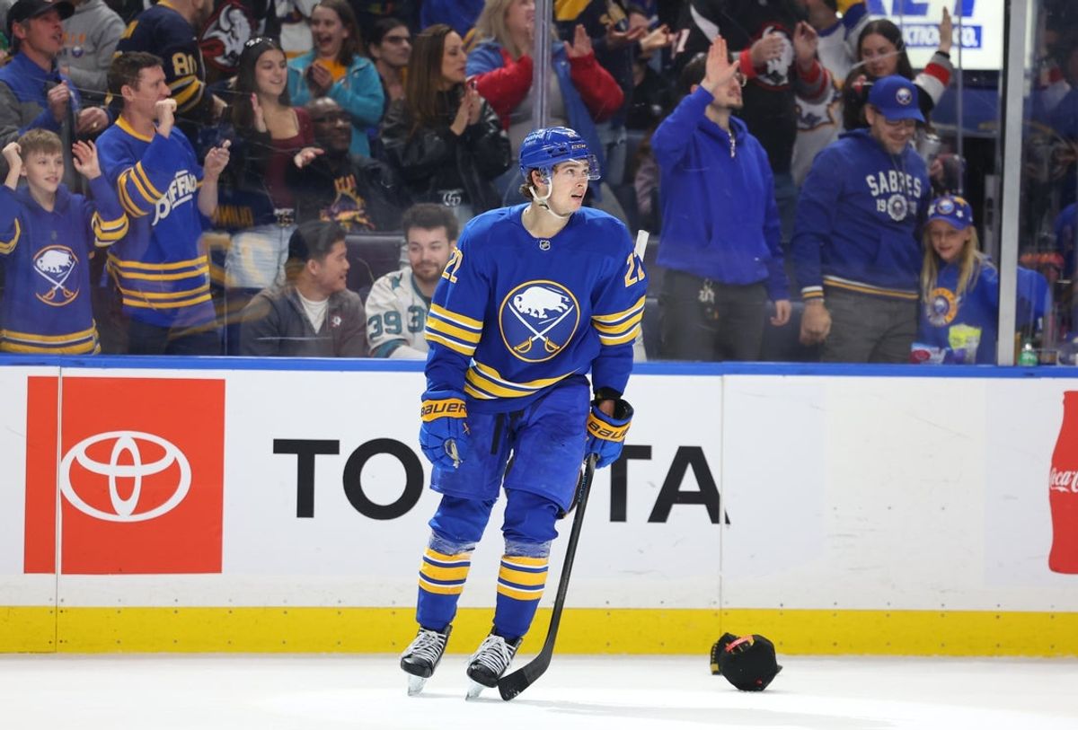 Mar 10, 2026; Buffalo, New York, USA;  Buffalo Sabres right wing Jack Quinn (22) reacts after scoring his third goal of the game against the San Jose Sharks during the third period at KeyBank Center. Mandatory Credit: Timothy T. Ludwig-Imagn Images