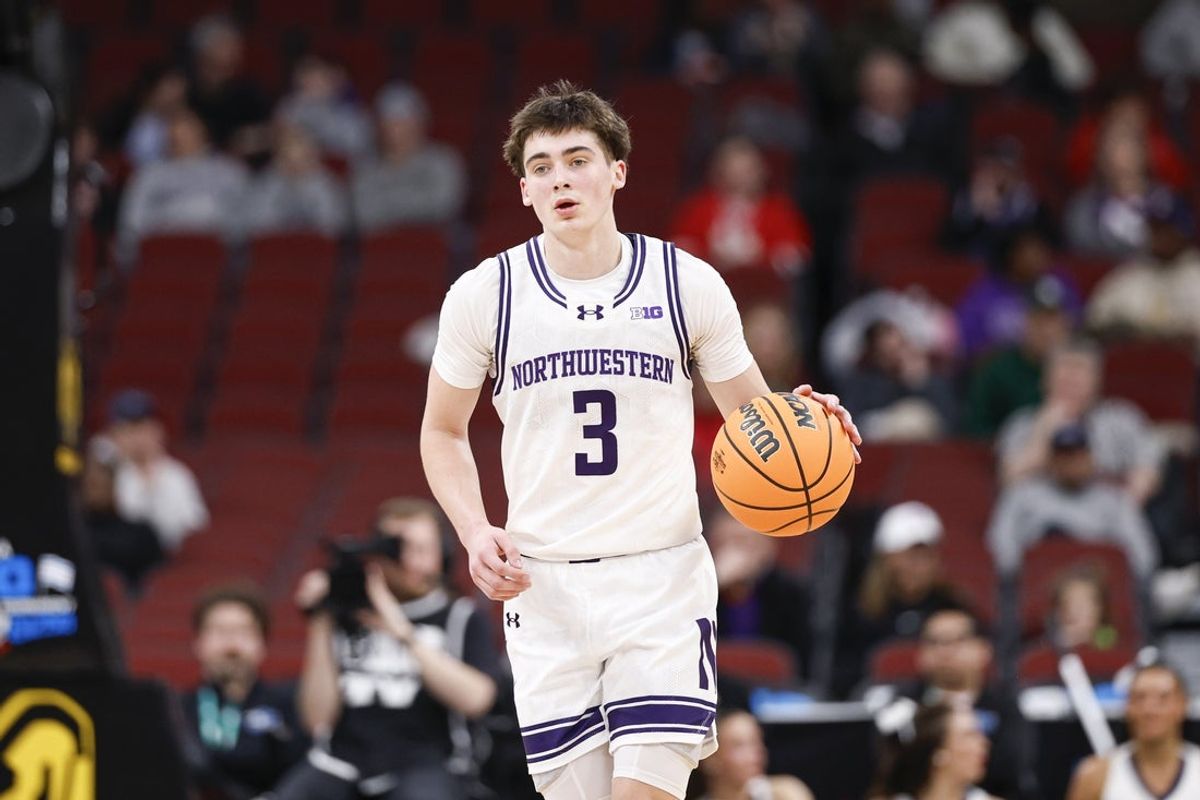 Mar 10, 2026; Chicago, IL, USA; Northwestern Wildcats guard Jake West (3) brings the ball up court against the Penn State Nittany Lions during the second half at United Center. Mandatory Credit: Kamil Krzaczynski-Imagn Images