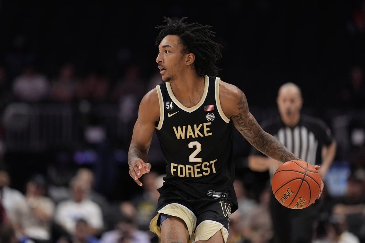 Mar 10, 2026; Charlotte, NC, USA; Wake Forest Demon Deacons forward Juke Harris (2) brings the ball up court against the Virginia Tech Hokies during the second half at Spectrum Center. Mandatory Credit: Jim Dedmon-Imagn Images