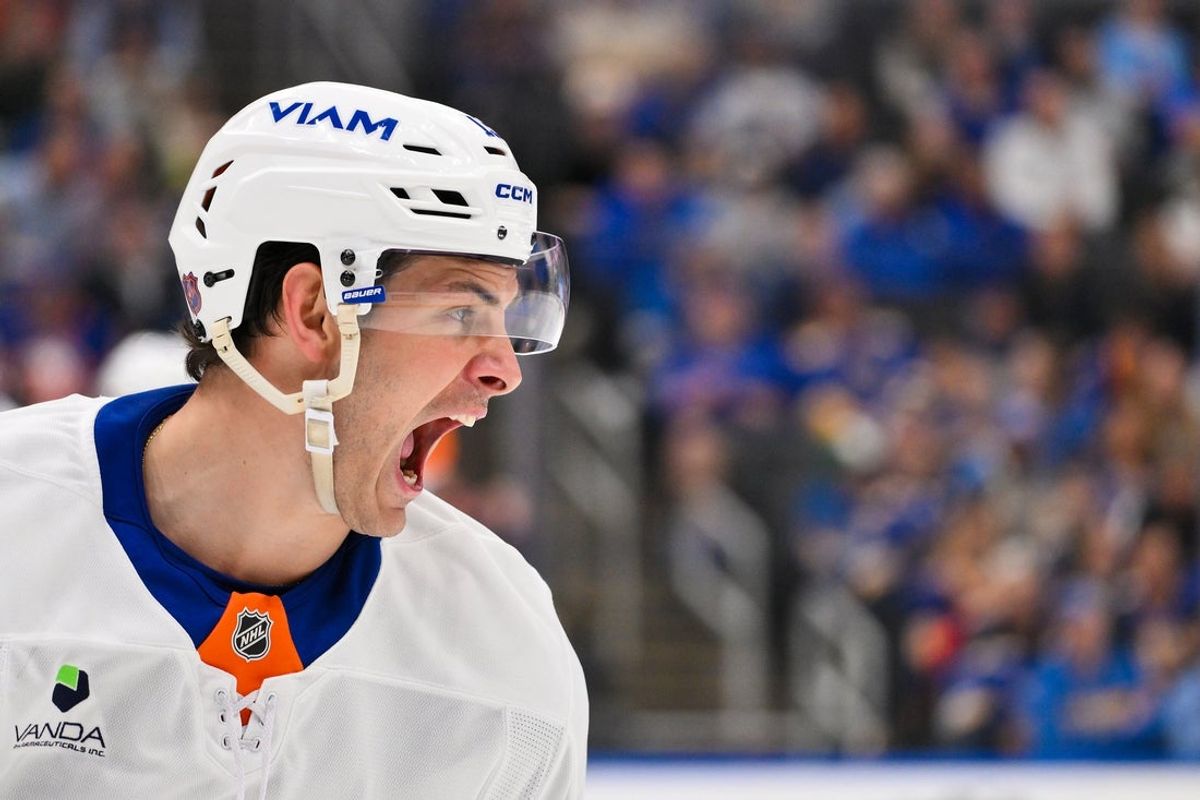 Mar 10, 2026; St. Louis, Missouri, USA; New York Islanders center Mathew Barzal (13) reacts after center Bo Horvat (not pictured) scored the game tying goal against the St. Louis Blues during the third period at Enterprise Center. Mandatory Credit: Jeff Curry-Imagn Images