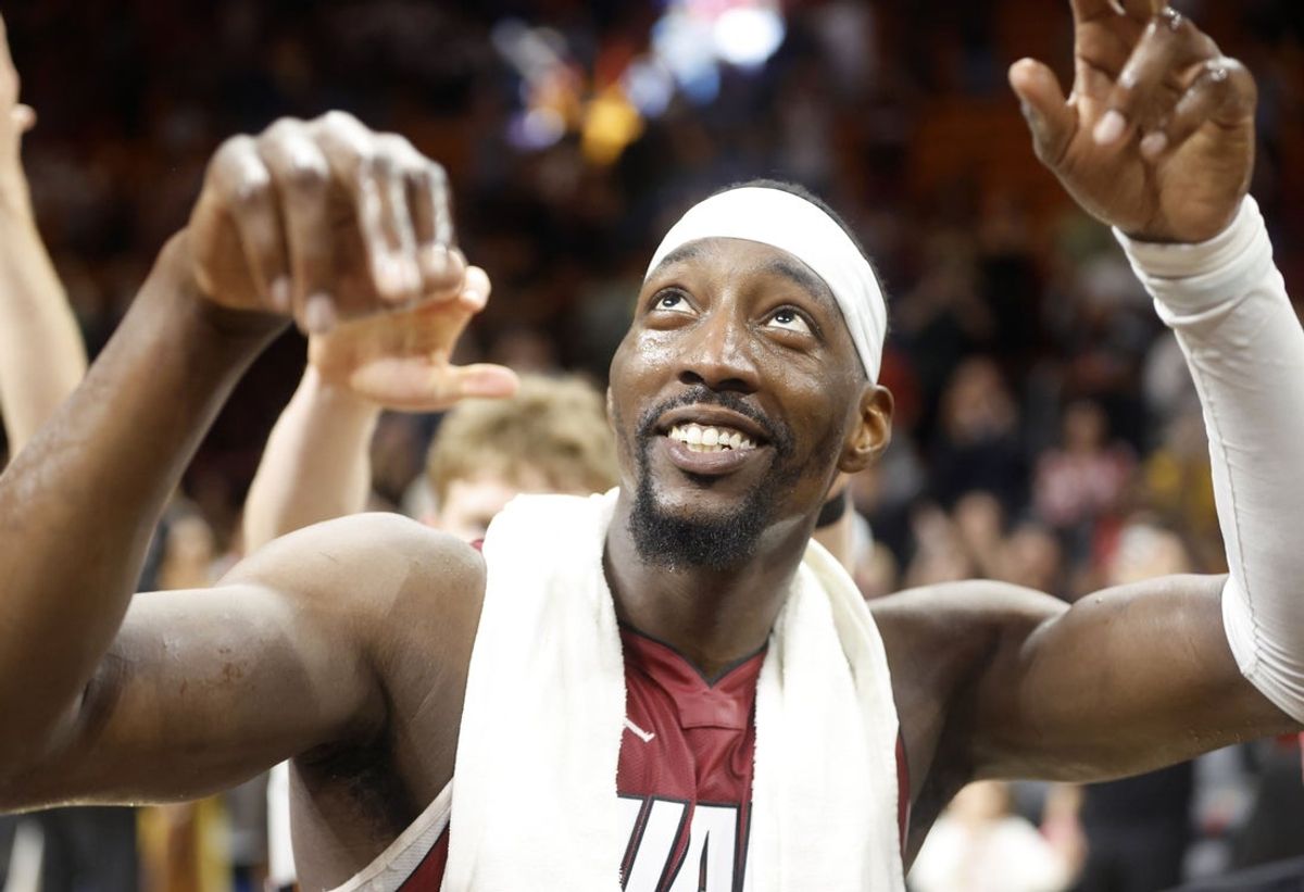 Mar 10, 2026; Miami, Florida, USA;  Miami Heat center Bam Adebayo (13) reacts after becoming the NBA's second highest scorer of points in a game against the Wshington Wizards at Kaseya Center. Adebayo scored 83 points. Mandatory Credit: Rhona Wise-Imagn Images