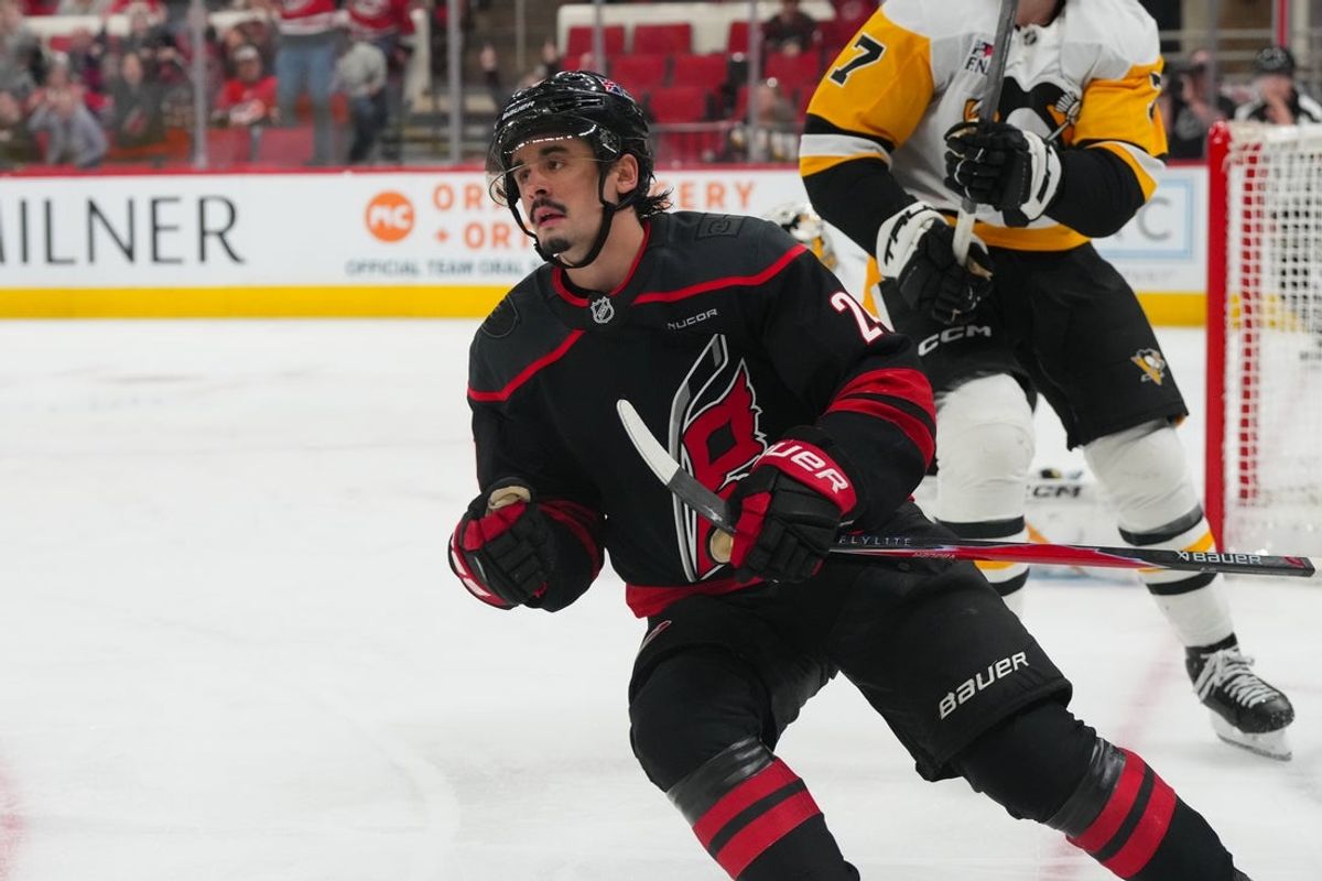 Mar 10, 2026; Raleigh, North Carolina, USA;  Carolina Hurricanes center Seth Jarvis (24) scores a goal against the Pittsburgh Penguins during the third period at Lenovo Center. Mandatory Credit: James Guillory-Imagn Images