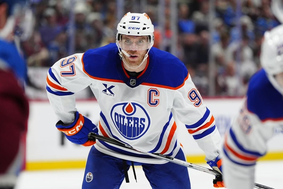 Mar 10, 2026; Denver, Colorado, USA; Edmonton Oilers center Connor McDavid (97) during the first period against the Colorado Avalanche at Ball Arena. Mandatory Credit: Ron Chenoy-Imagn Images