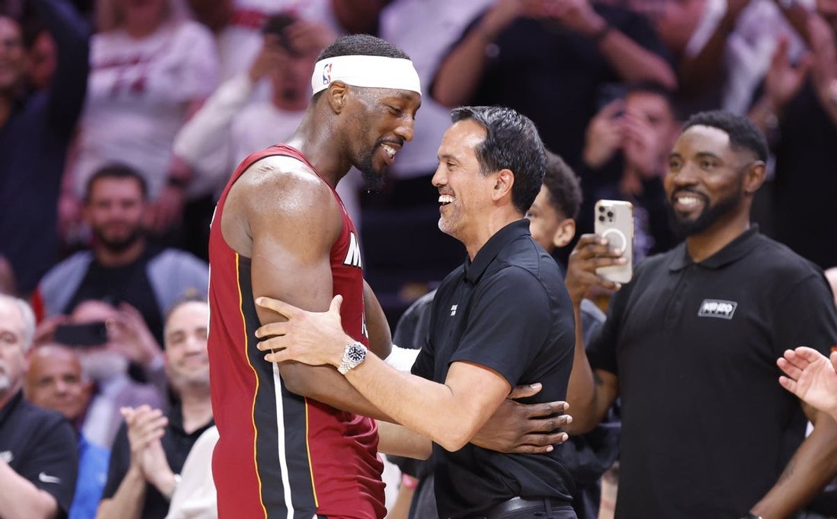 Mar 10, 2026; Miami, Florida, USA;  Miami Heat center Bam Adebayo (13) celebrates with head coach Erik Spoelstra after becoming the NBA's second highest scorer of points in a game with 83 against the Wshington Wizards at Kaseya Center. Mandatory Credit: Rhona Wise-Imagn Images