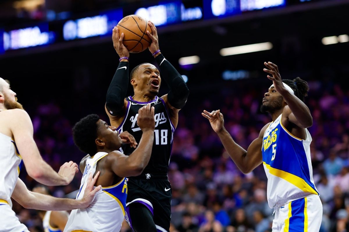 Mar 10, 2026; Sacramento, California, USA; Sacramento Kings guard Russell Westbrook (18) drives to the basket against Indiana Pacers forward Jarace Walker (5) during the second quarter at Golden 1 Center. Mandatory Credit: Sergio Estrada-Imagn Images