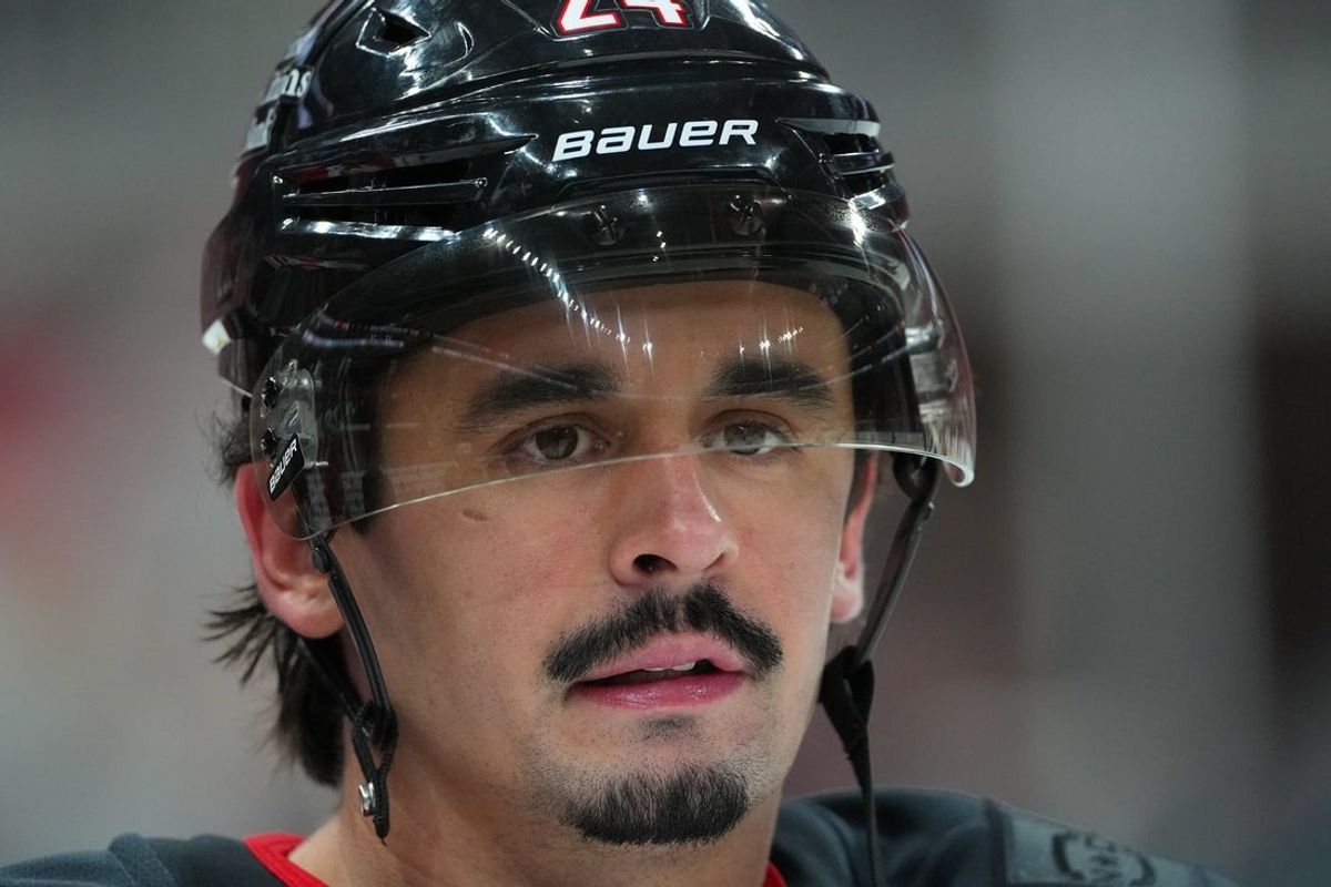 Mar 10, 2026; Raleigh, North Carolina, USA;  Carolina Hurricanes center Seth Jarvis (24) looks on during the warmups before the game against the Pittsburgh Penguins at Lenovo Center. Mandatory Credit: James Guillory-Imagn Images