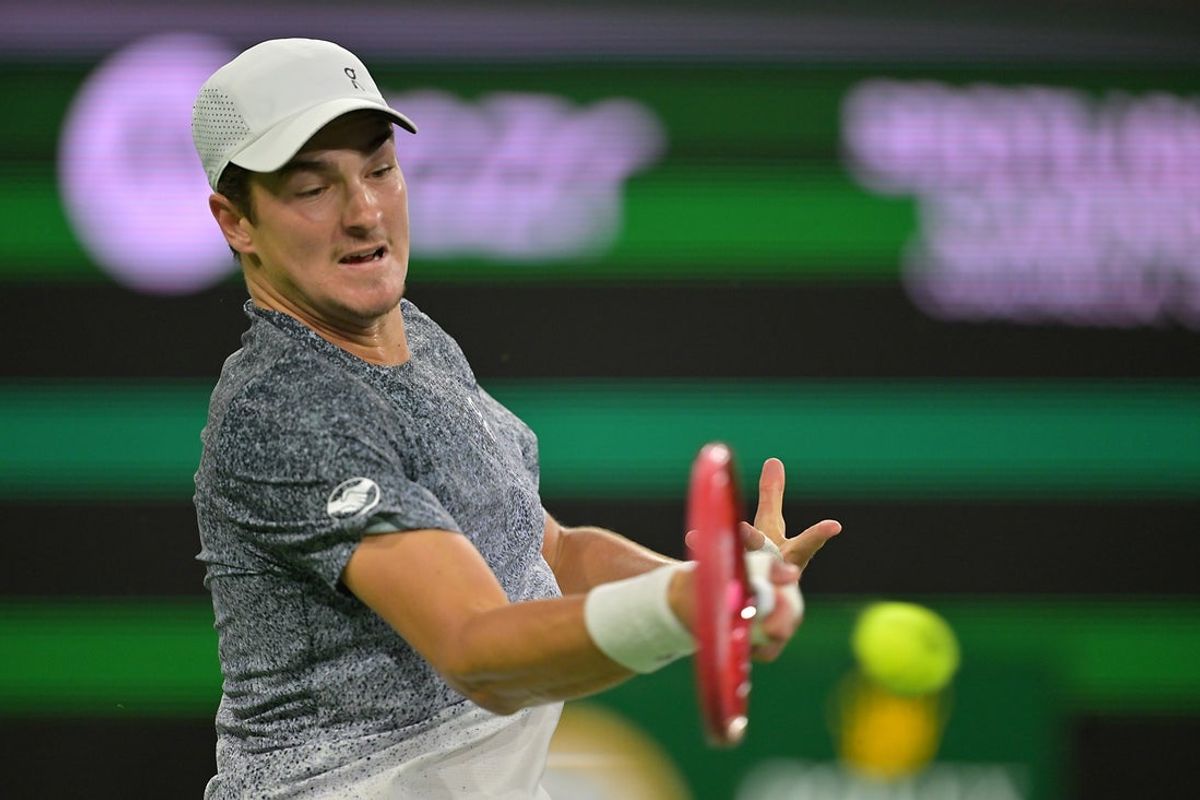 Mar 10, 2026; Indian Wells, CA, USA; Joao Fonseca (BRA) hits a shot during his the fourth round against Jannik Sinner (ITA) in the BNP Paribas Open at the Indian Wells Tennis Garden. Mandatory Credit: Jayne Kamin-Oncea-Imagn Images