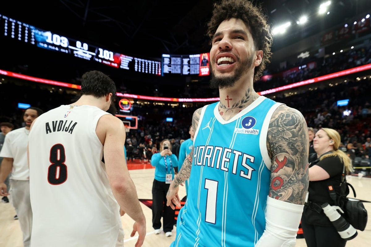 Mar 10, 2026; Portland, Oregon, USA; Charlotte Hornets guard LaMelo Ball (1) reacts after defeating the Portland Trail Blazers in the fourth quarter at Moda Center. Mandatory Credit: Jaime Valdez-Imagn Images