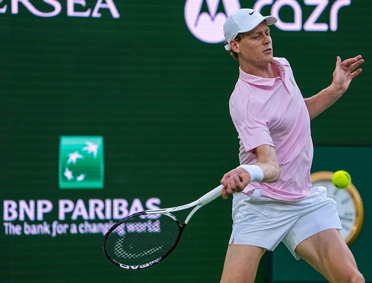 Jannik Sinner hits to Joao Fonseca in their fourth-round match at the BNP Paribas Open in Indian Wells, Calif., Tuesday, March 10, 2026.