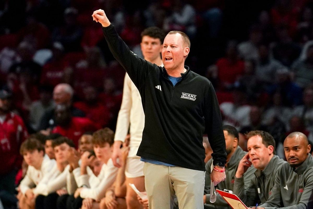 Miami (OH) RedHawks head coach Travis Steele communicates with players in the first half of a NCAA menâ€™s basketball game between the Miami Redhawks and Toledo Rockets, Tuesday, March 3, 2026, at Millett Hall in Oxford, Oh.