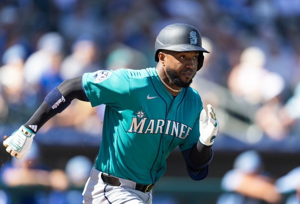 Feb 25, 2026; Surprise, Arizona, USA; Seattle Mariners outfielder Victor Robles against the Kansas City Royals during a spring training game at Surprise Stadium. Mandatory Credit: Mark J. Rebilas-Imagn Images