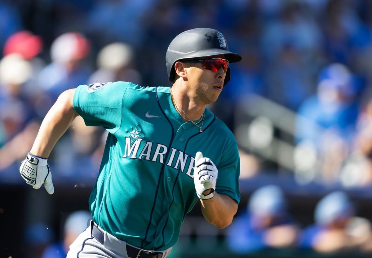 Feb 25, 2026; Surprise, Arizona, USA; Seattle Mariners outfielder Rob Refsnyder against the Kansas City Royals during a spring training game at Surprise Stadium. Mandatory Credit: Mark J. Rebilas-Imagn Images