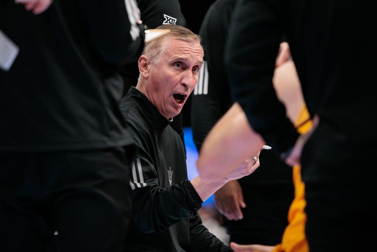 Mar 11, 2026; Kansas City, MO, USA;  Arizona State Sun Devils coach Bobby Hurley during a timeout in the first half against the Iowa State Cyclones at T-Mobile Center. Mandatory Credit: William Purnell-Imagn Images