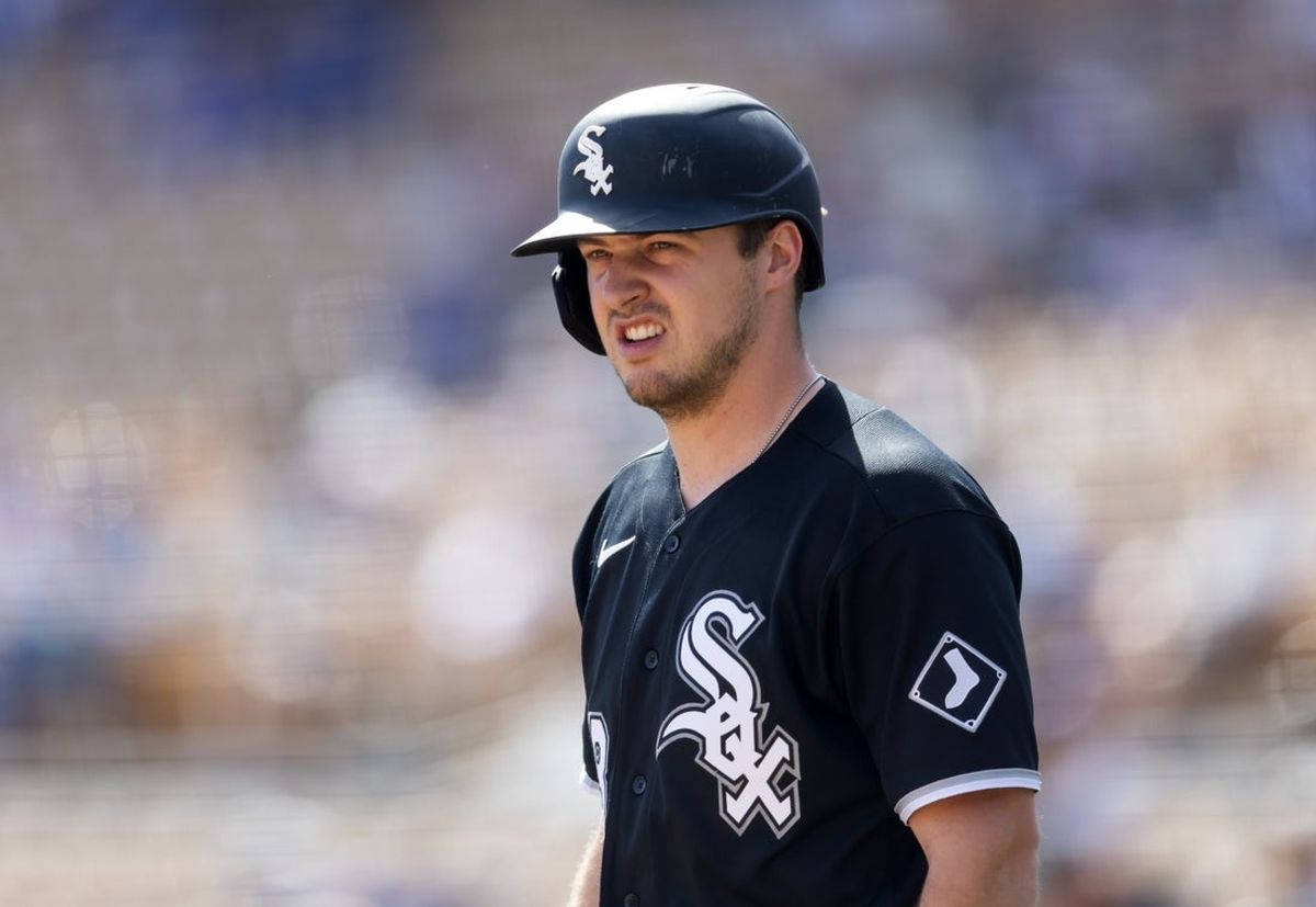 Feb 26, 2026; Phoenix, Arizona, USA; Chicago White Sox catcher Kyle Teel against the Los Angeles Dodgers during a spring training game at Camelback Ranch-Glendale. Mandatory Credit: Mark J. Rebilas-Imagn Images