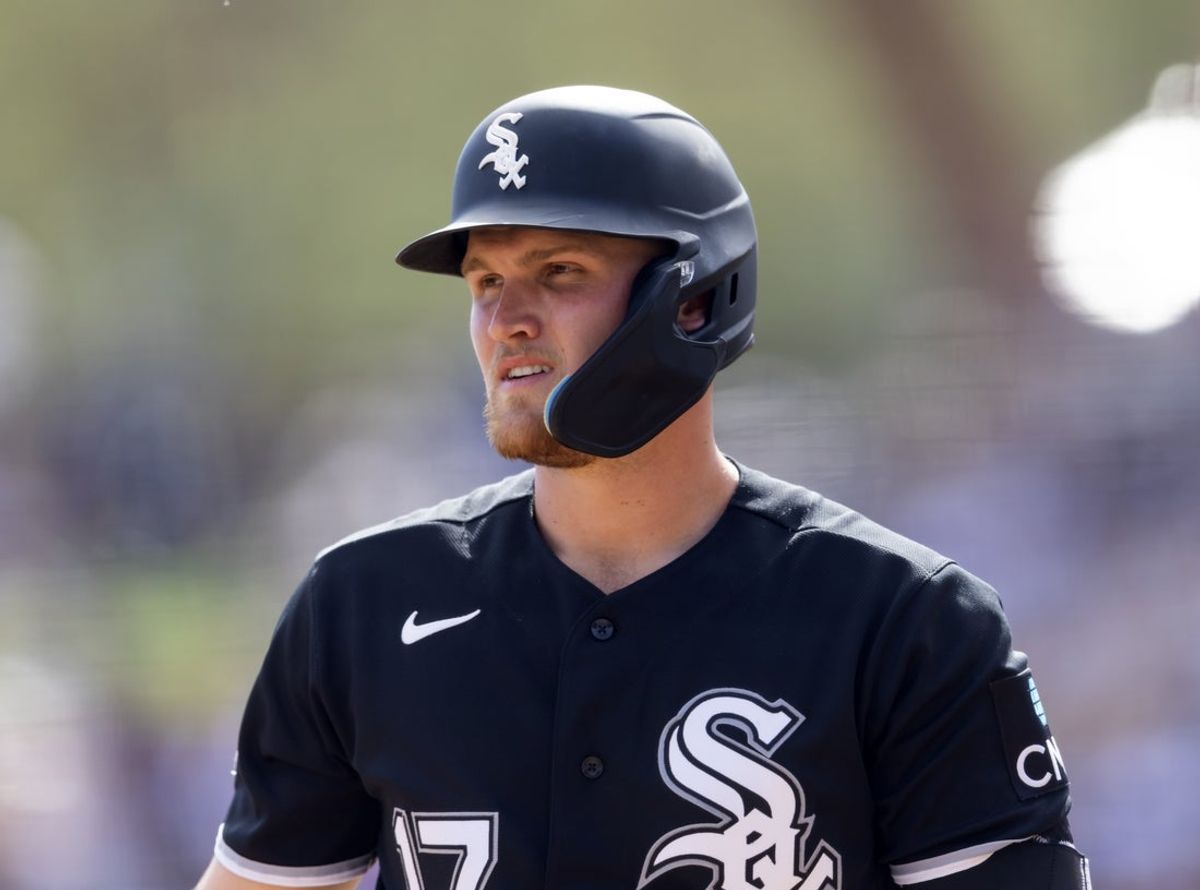 Feb 26, 2026; Phoenix, Arizona, USA; Chicago White Sox third baseman Curtis Mead against the Los Angeles Dodgers during a spring training game at Camelback Ranch-Glendale. Mandatory Credit: Mark J. Rebilas-Imagn Images